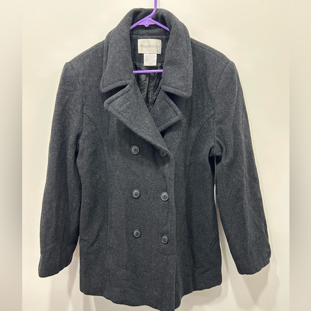 Worthington Pea Coat Size 12 Heather Black 100% Wool Jacket Women's Vintage